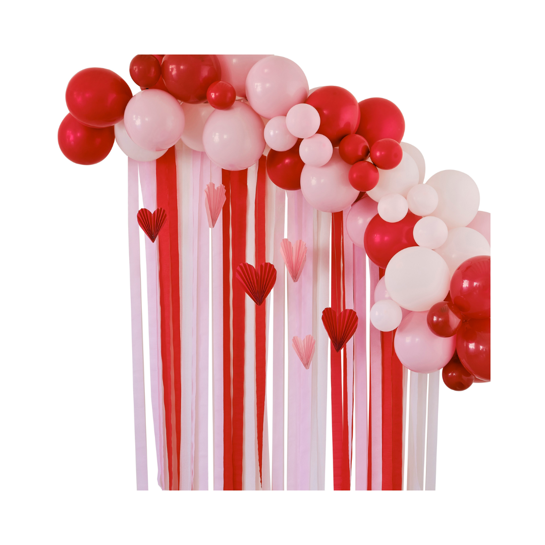 Red Pink Balloon Arch Party Backdrop With Streamers And Paper Heart red-pink-balloon-arch-party-backdrop-with-streamers-and-paper-heart