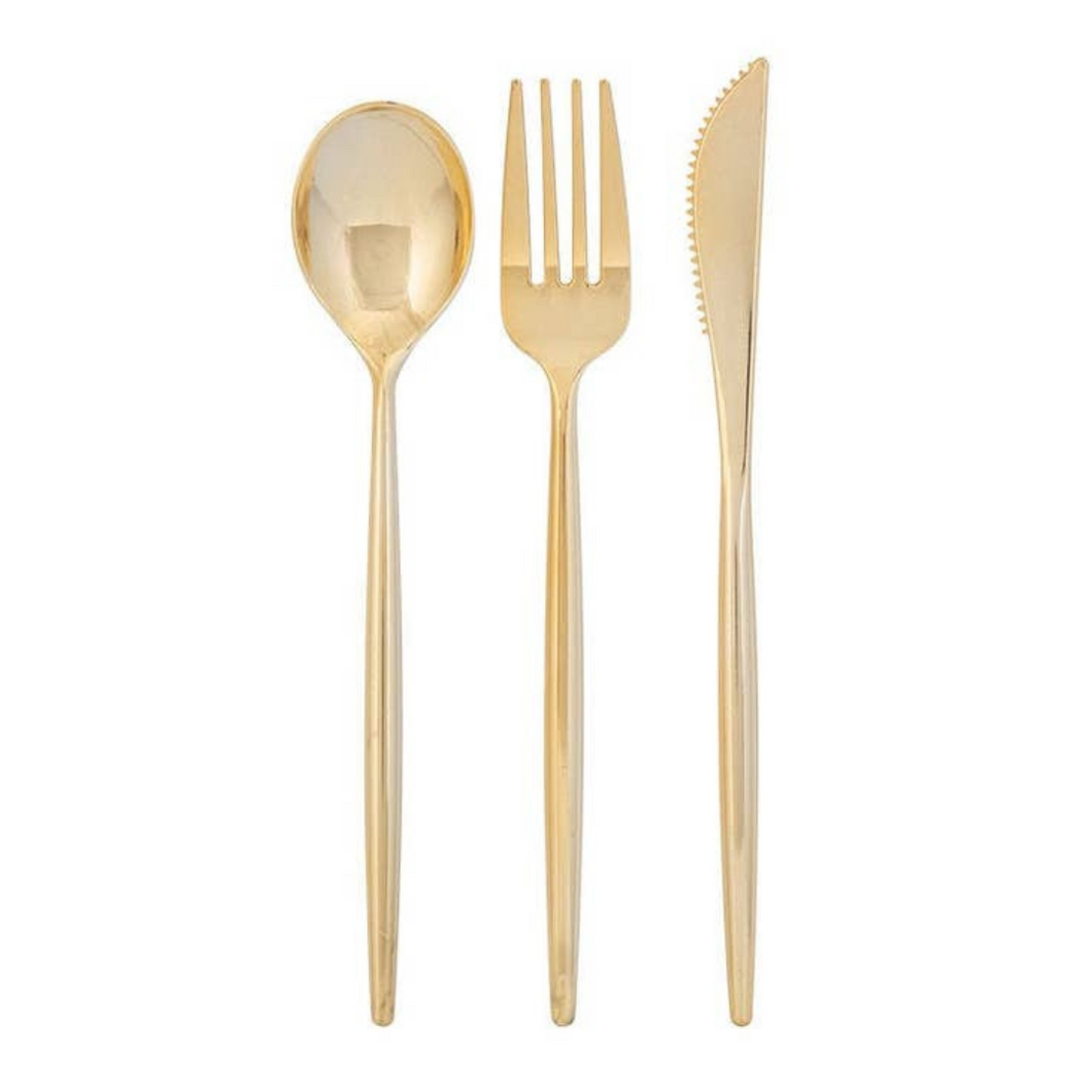 Solid Round Gold Plastic Cutlery Set - Ellie and Piper