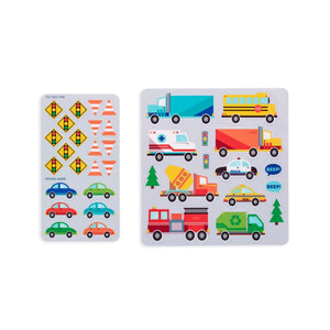 Cars, fire trucks, taxi's, oh my! This sticker activity kit is great to have in your diaper bag or purse for when your little one needs some on-the-go fun. Over 30 reusable stickers. Includes 2 sticker sheets & 1 activity board blooks with scene, game board, match & learn and tic tac toe. Suitable for ages 3 and up.