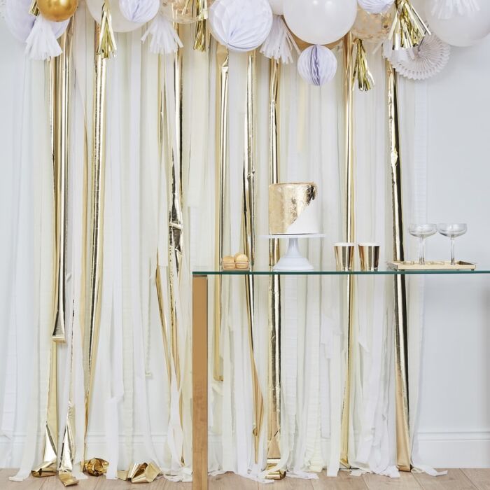 Gold, SIlver & White Streamer Backdrop, Birthday, Party Decor, 1 Piece 