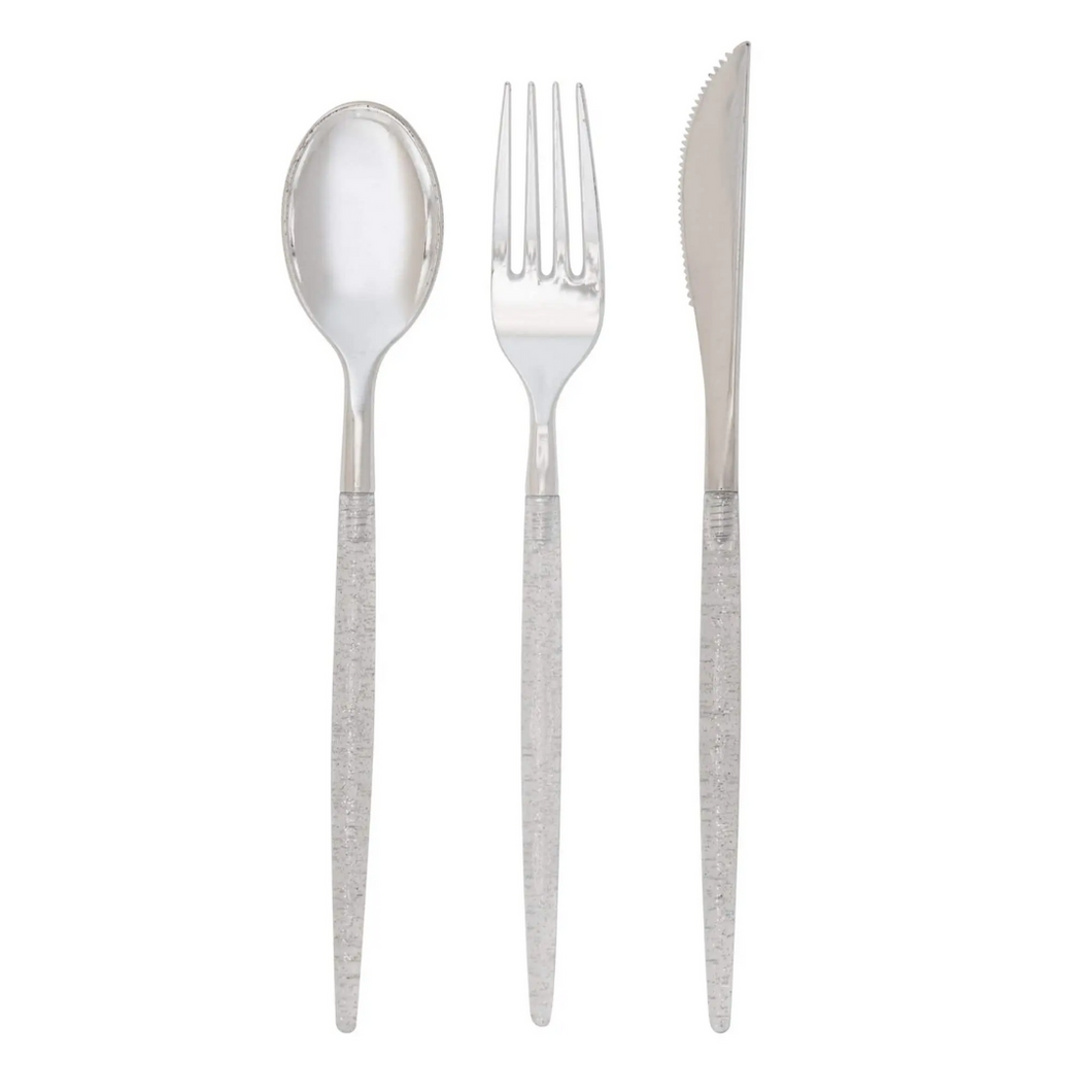 Silver Glitter Plastic Cutlery Set - Ellie and Piper