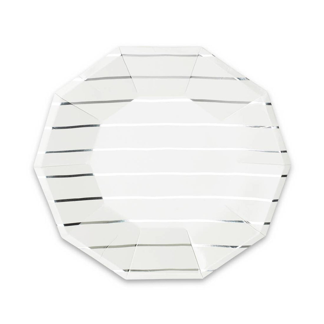 Frenchie Striped Large Paper Plates - Metallic Silver - Ellie and Piper
